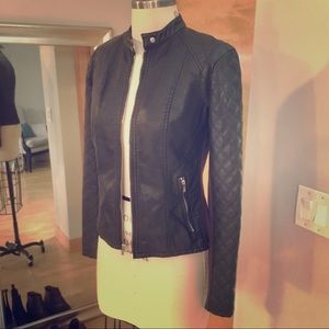 Black Rivet Faux Leather Quilt Sleeve Jacket